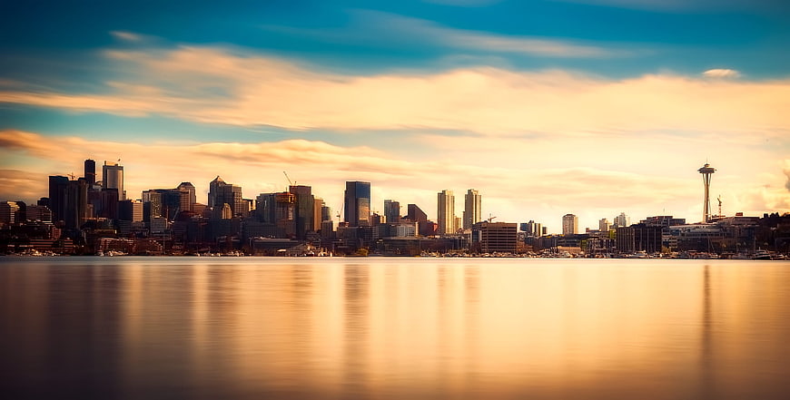 Seattle Skyline at Sunset with Space Needle and Water Reflection