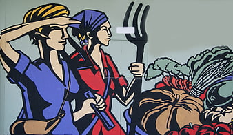 Mural of Two Women Farming with Giant Fork and Vegetables