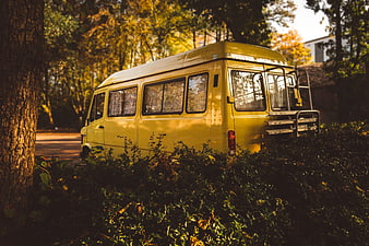 Vintage yellow camper van parked in autumn forest
