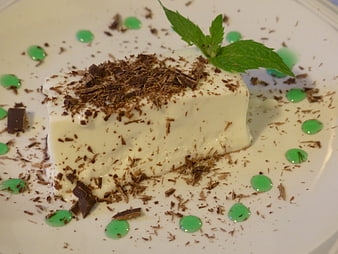 Creamy Panna Cotta Dessert With Chocolate Shavings And Mint Garnish