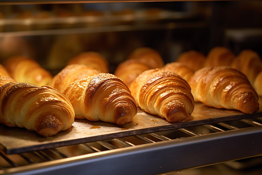 Golden baked croissants on a baking tray in an oven
