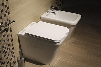 Modern White Ceramic Toilet And Bidet In Contemporary Bathroom