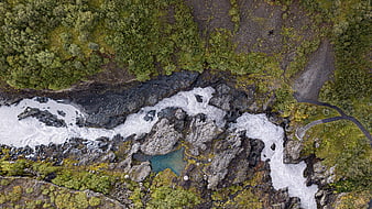 Aerial View of Turbulent River and Waterfall in Iceland