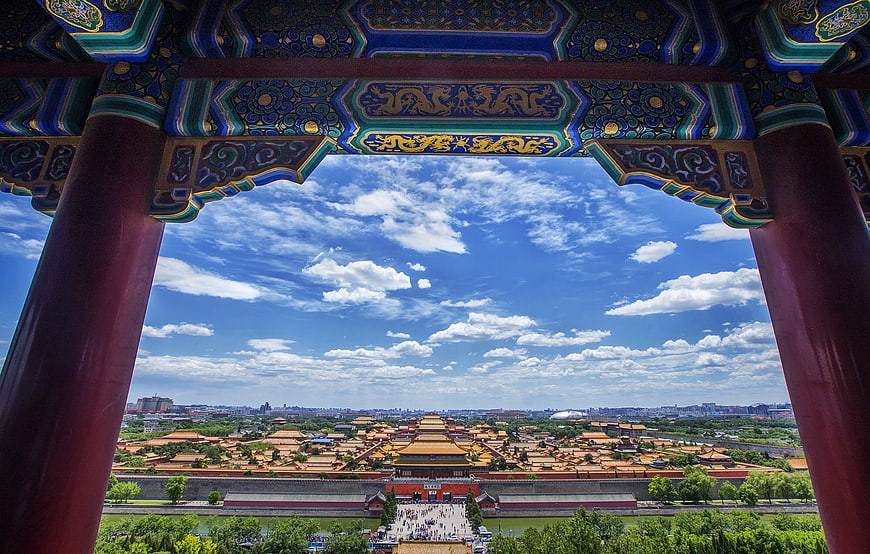 View of the Forbidden City framed by traditional Chinese architecture