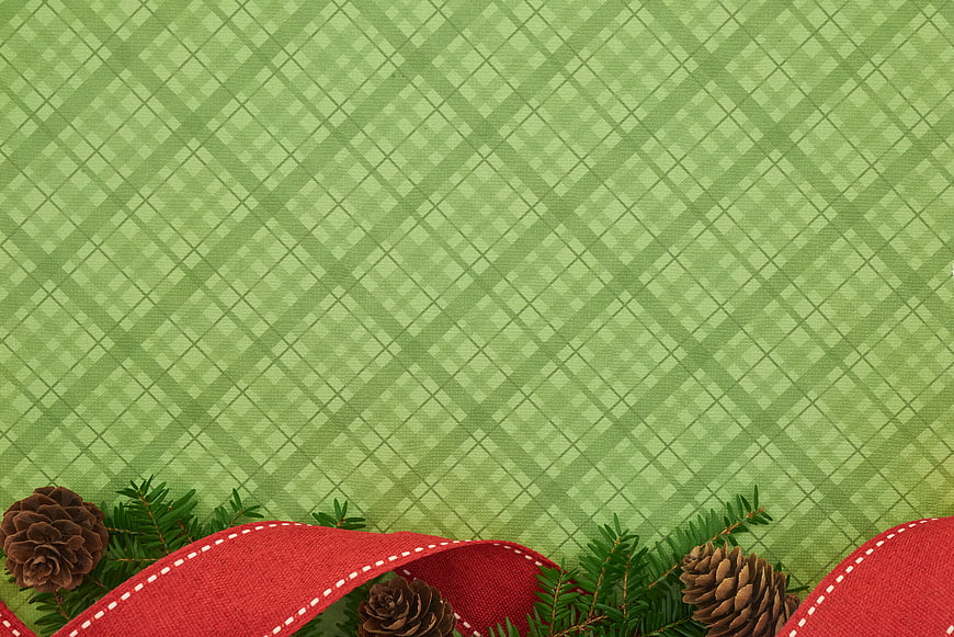 Green plaid background with red ribbon and pine cones