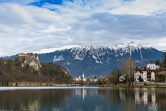 Lake Bled Castle and Snowy Alps Landscape