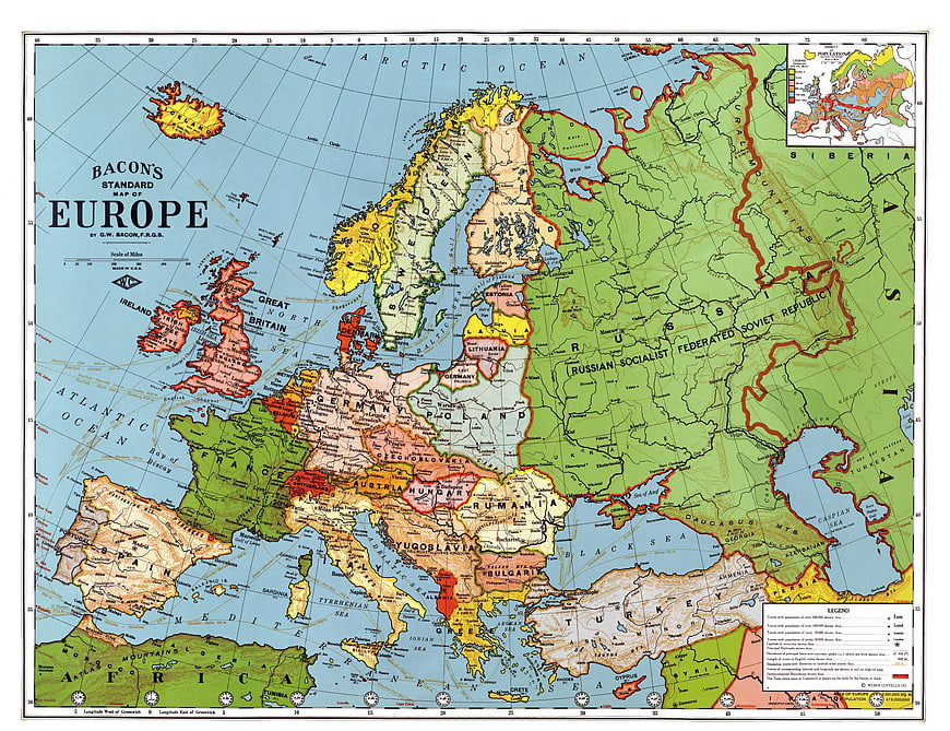 Vintage Political Map of Europe by Bacon's Standard