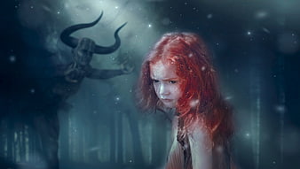 Fantasy girl with red hair and horned demon in misty forest