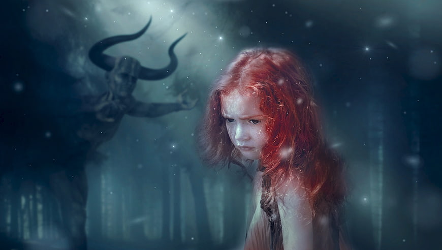 Fantasy girl with red hair and horned demon in misty forest