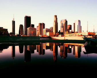 Los Angeles Skyline Reflection in Water at Sunset