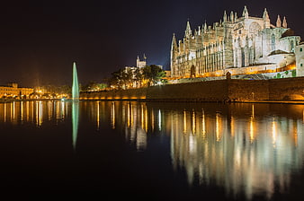 Palma Cathedral Night Reflection in Water