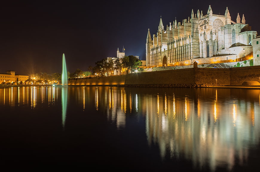 Palma Cathedral Night Reflection in Water