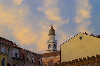 Venice Church Bell Tower Against Golden Sunset Sky