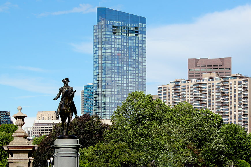 Boston skyline with equestrian statue and modern skyscrapers