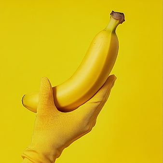 Yellow Gloved Hand Holding Banana on Yellow Background