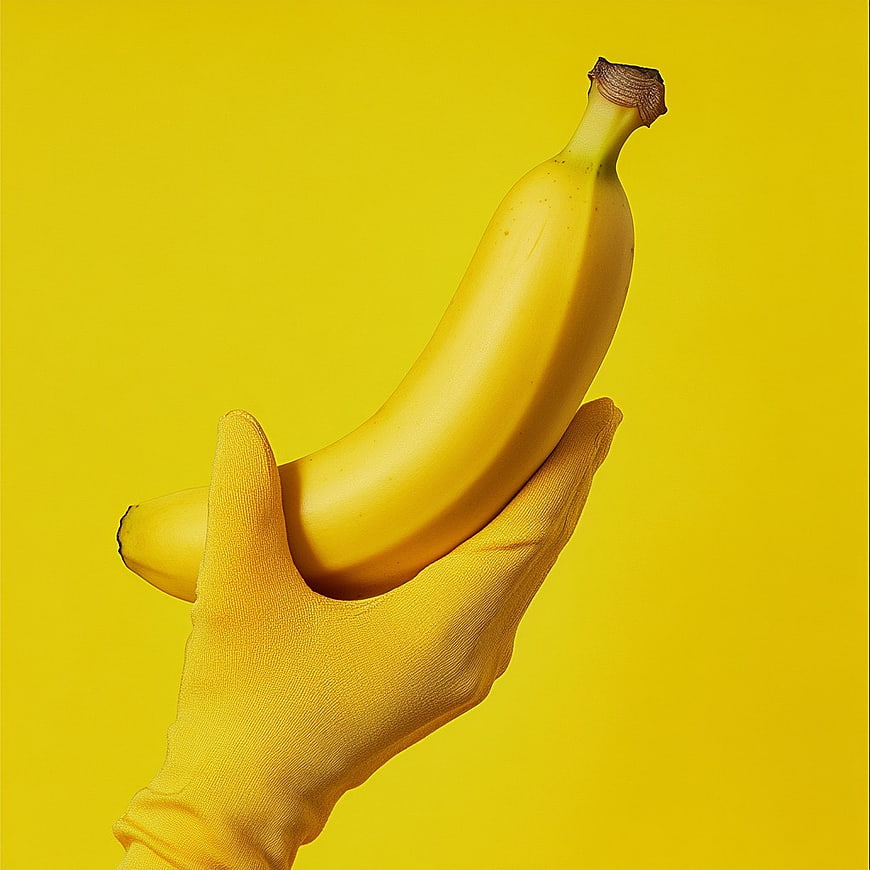 Yellow Gloved Hand Holding Banana on Yellow Background