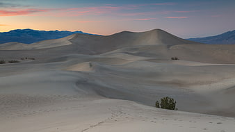 Serene desert sand dunes at sunset with distant mountains
