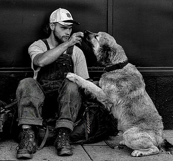 Man in Overalls Feeding Dog on Sidewalk