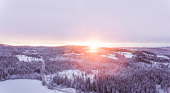 Aerial View of Snowy Forest Road at Sunset
