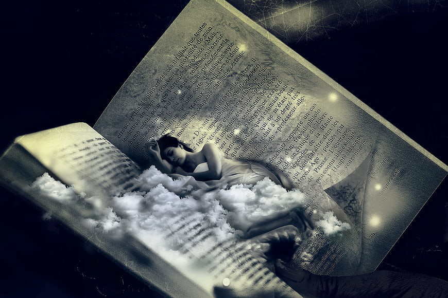 Woman Sleeping on Clouds Inside Open Book Concept