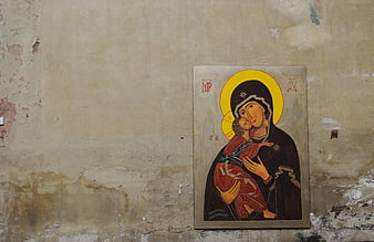 Orthodox Icon of Virgin Mary and Child on Weathered Wall