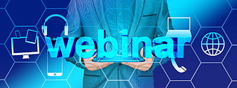 Businessman holding tablet with webinar text and digital icons
