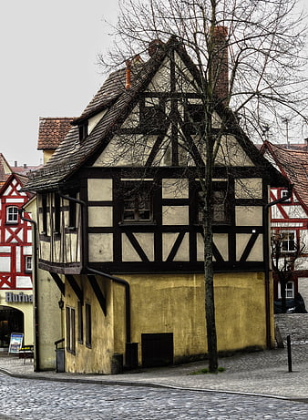 Historic Half-Timbered House in Bavarian Town Square