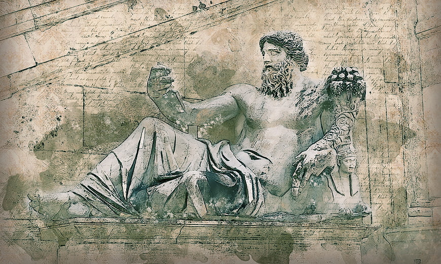Vintage Digital Collage of Roman Statue with Old Script Background
