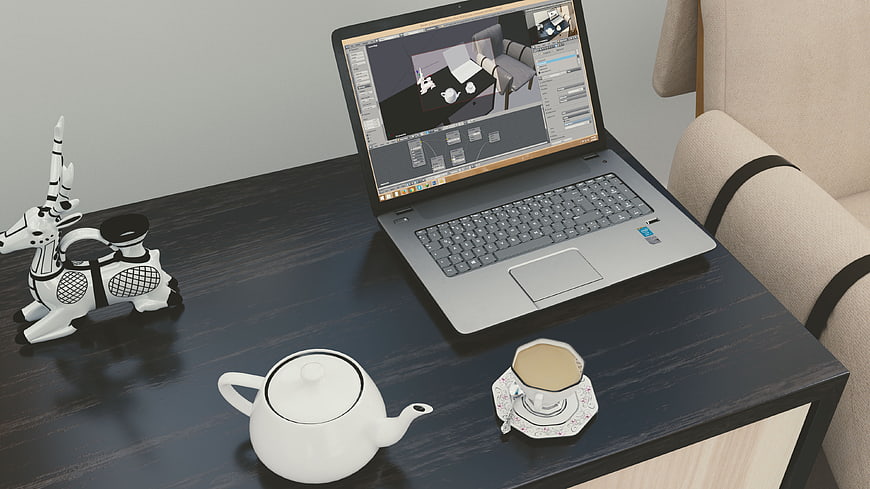 3D Rendered Workspace with Laptop, Teapot, and Decorative Sculpture