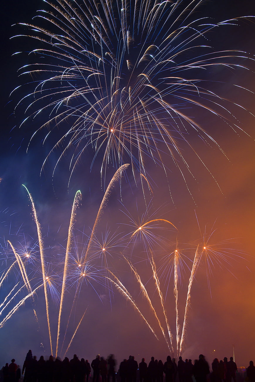 Spectacular Fireworks Display Over Silhouetted Crowd at Night