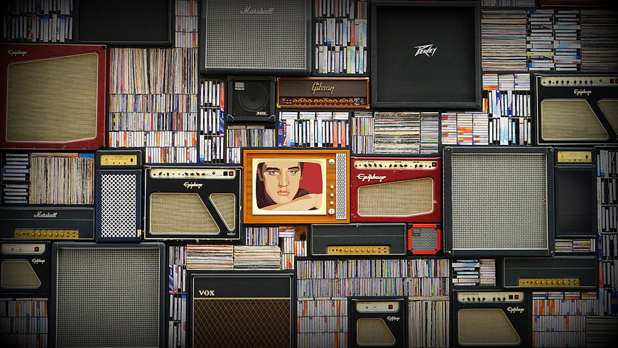 Retro Music Wall with Amplifiers, CDs, and Vintage TV