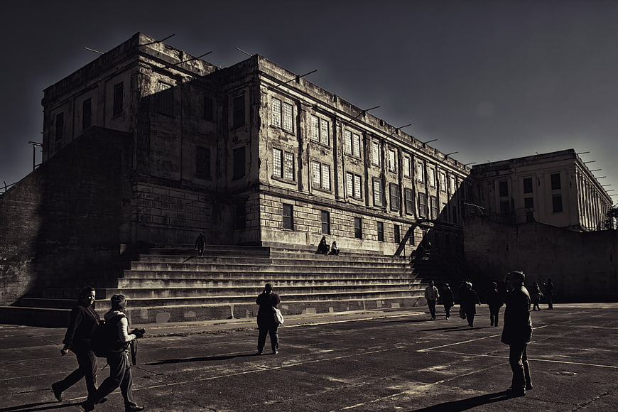 Dramatic Black and White View of Alcatraz Island Cell Tract