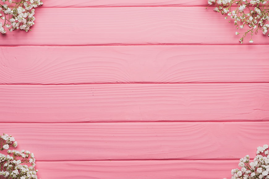 Pink Wooden Plank Background With White Baby's Breath Flowers