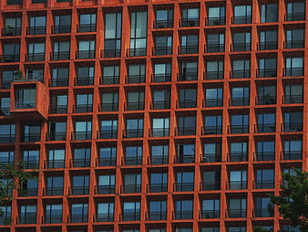 Modern Orange Apartment Building Facade with Grid Windows