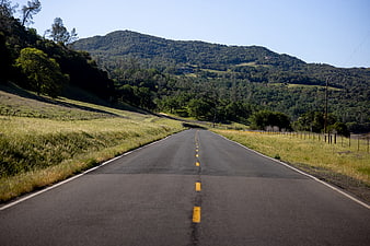 Empty Rural Road Winding Through Green Hills