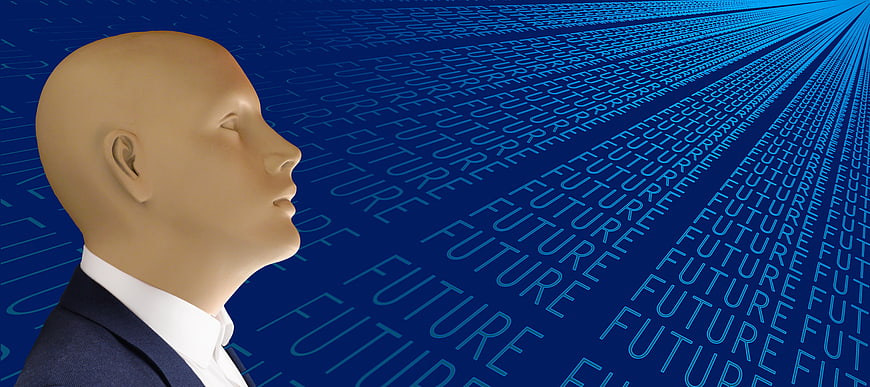 3D Mannequin Head Profile With Future Text Background