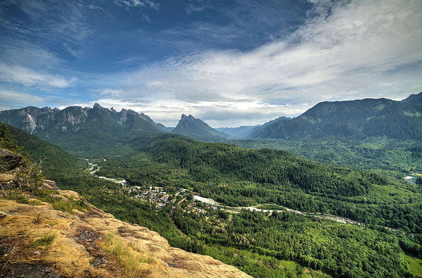 Panoramic Alpine Valley with Forest and Distant Peaks