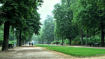 Wide gravel path in green park with trees and people walking