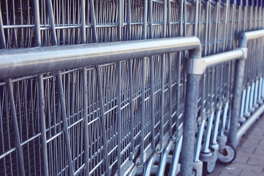 Closeup of Nested Metal Shopping Carts in a Row