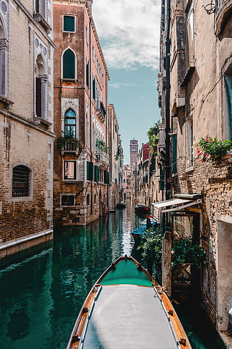 Venice Canal View from Gondola with Historic Buildings
