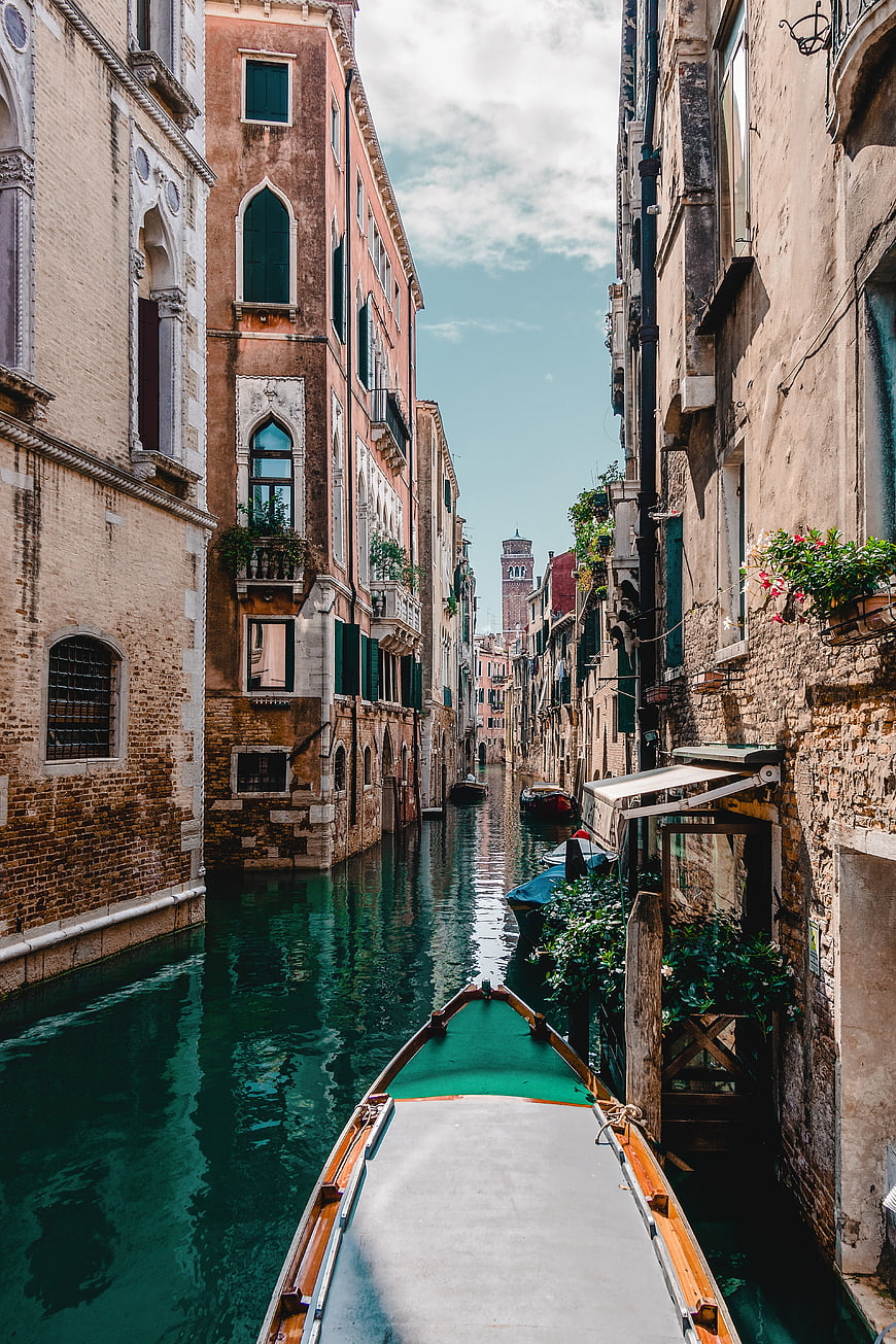 Venice Canal View from Gondola with Historic Buildings