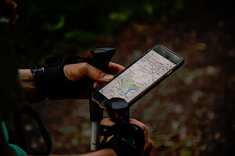 Hiker using smartphone GPS map on forest trail