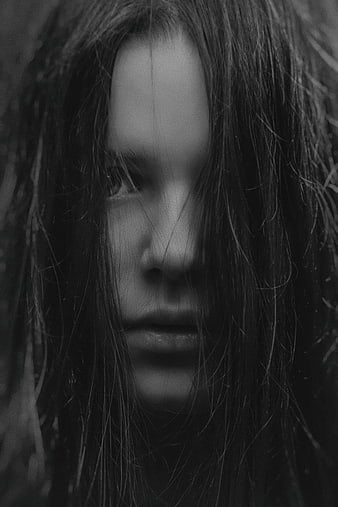 Moody black and white portrait of woman with wet hair