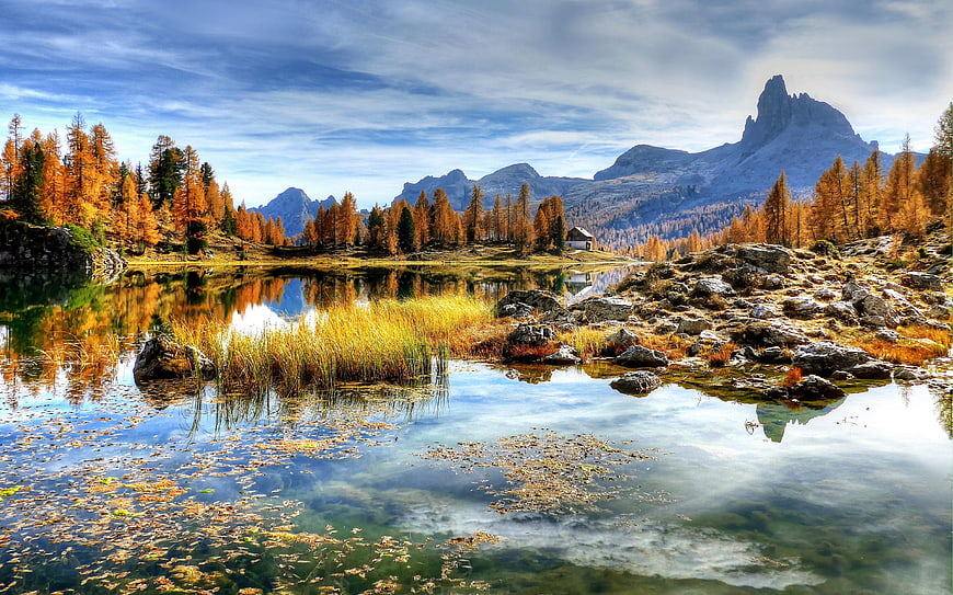 Autumn Landscape of Lago Federa in the Dolomites, Italy