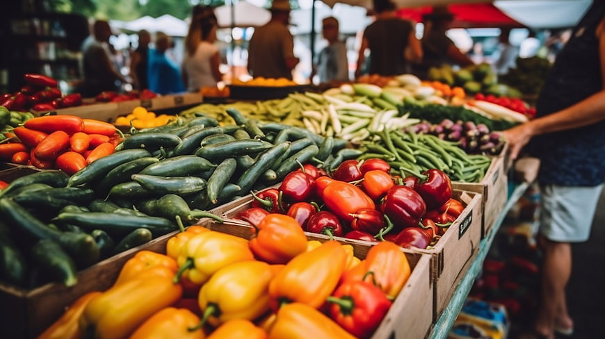 Fresh colorful vegetables at a bustling outdoor farmers market