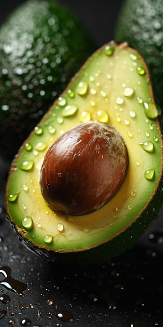 Fresh Halved Avocado with Water Droplets on Dark Background