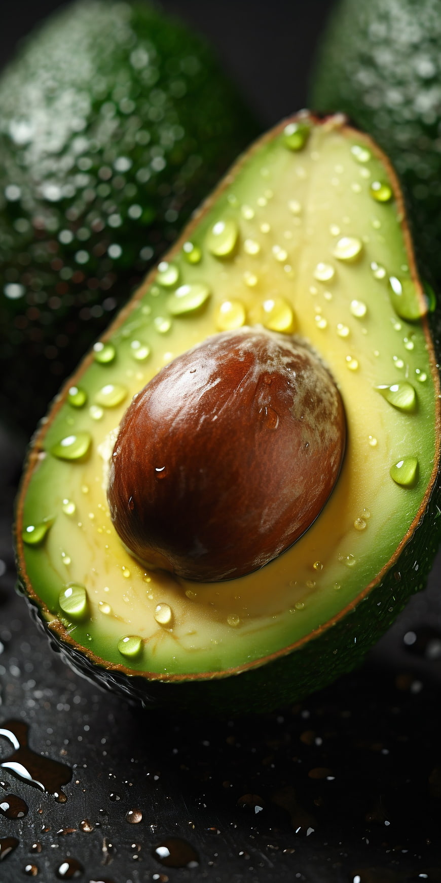 Fresh Halved Avocado with Water Droplets on Dark Background