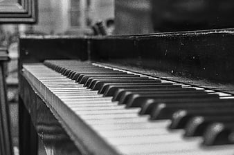 Close-up of vintage piano keys in black and white