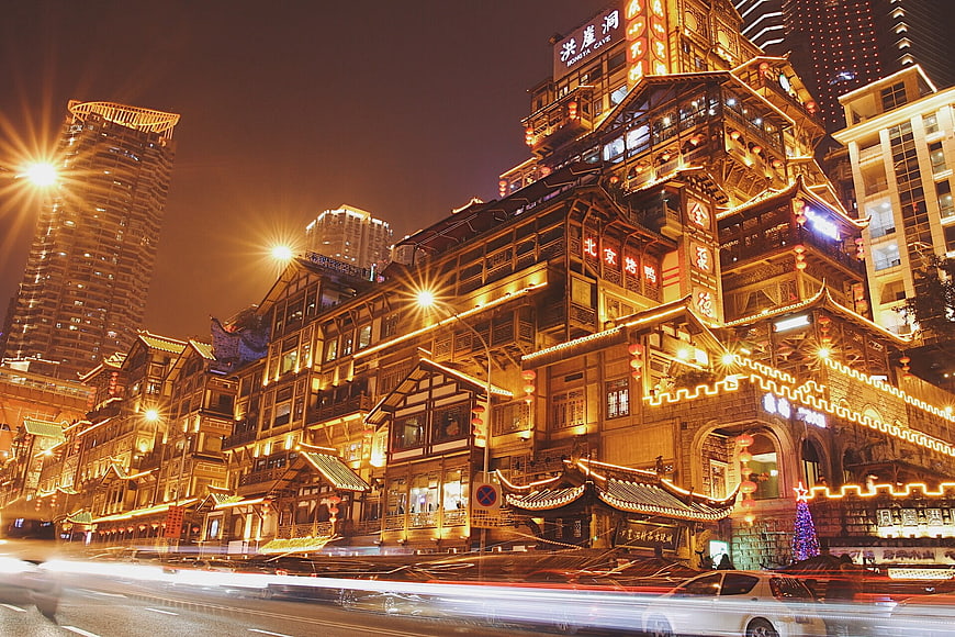 Hongya Cave Night View with Light Trails in Chongqing