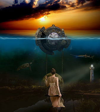Surreal fantasy woman on swing with underwater clock and lighthouse